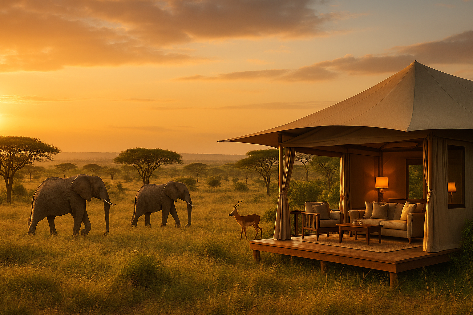 Two elephants and an antelope graze beside a luxury safari tent on the savannah at sunset.